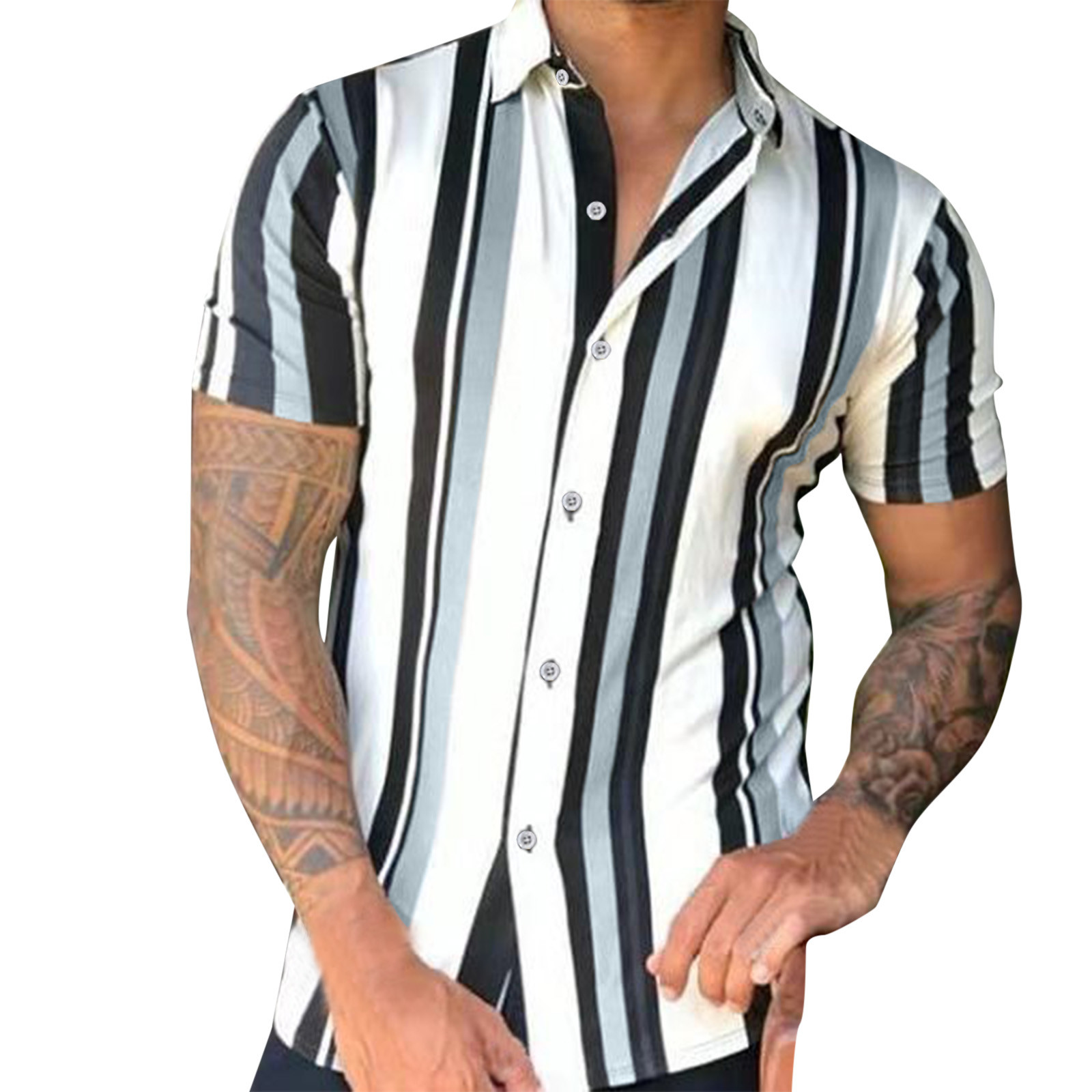 Men's Short Sleeve Button Down Shirts Spring Summer Casual Striped Printed Top Blouse Beach Shirt